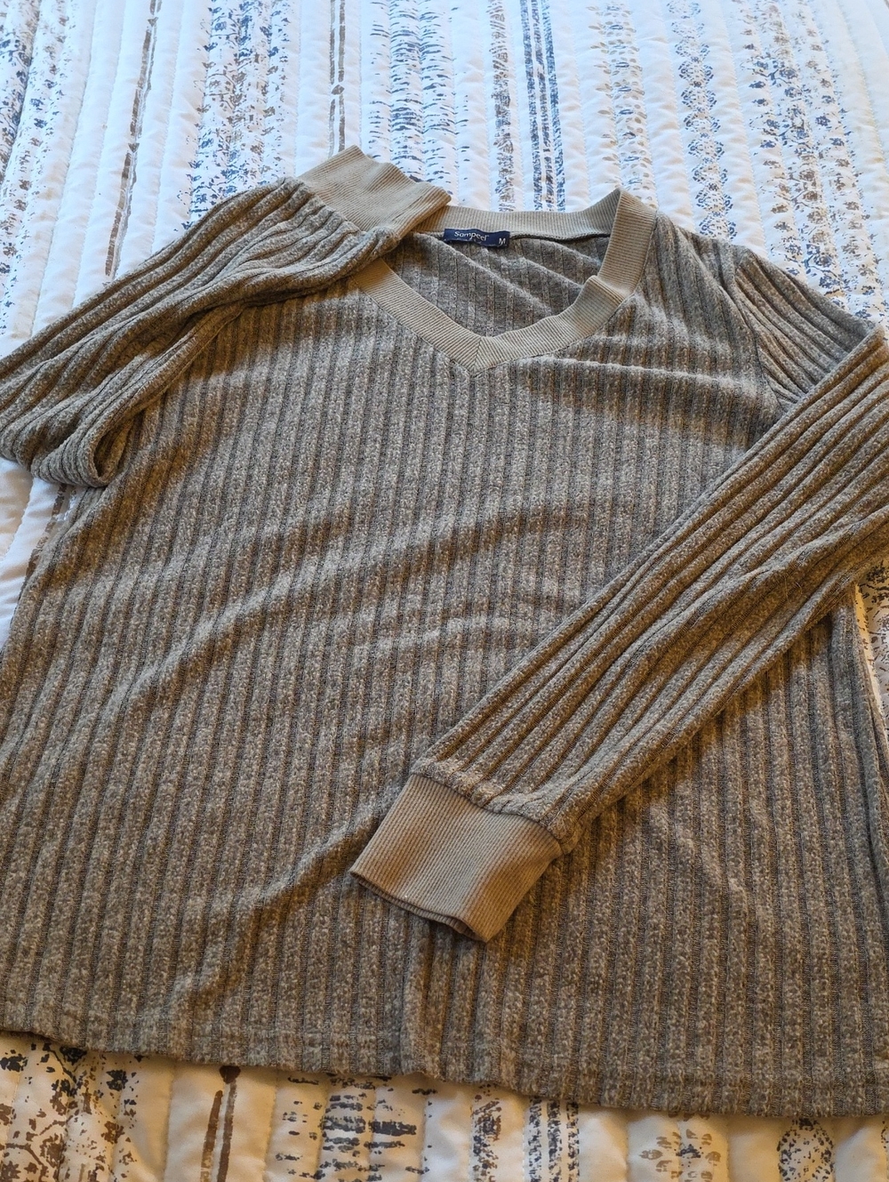 Soft Ribbed V-Neck Sweater in Taupe